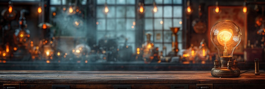 Vintage light bulb on a wooden table in a dimly lit workshop, evoking nostalgia and creativity. Perfect for steampunk themes, innovation, and retro design concepts