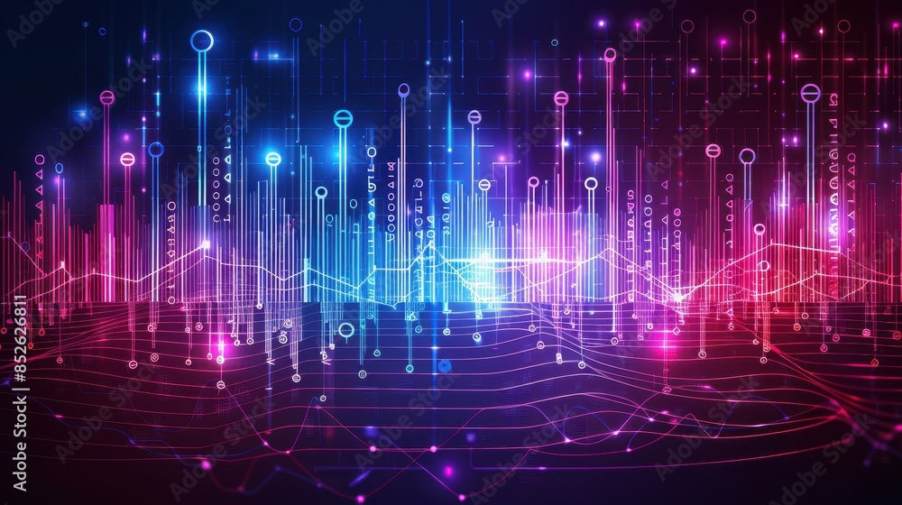 Fototapete Abstract digital data visualization with neon lights, binary code, and futuristic design. Perfect for technology or data analytics concepts.
