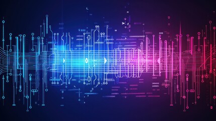Fototapeta premium Abstract digital technology background with colorful lines and circuits representing data transfer, innovation, and futuristic concepts.