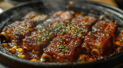 Close-Up of Steaming Ribs in a Black Pot