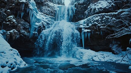 A stunning frozen waterfall with icicles forming in a winter landscape, surrounded by rocky cliffs...