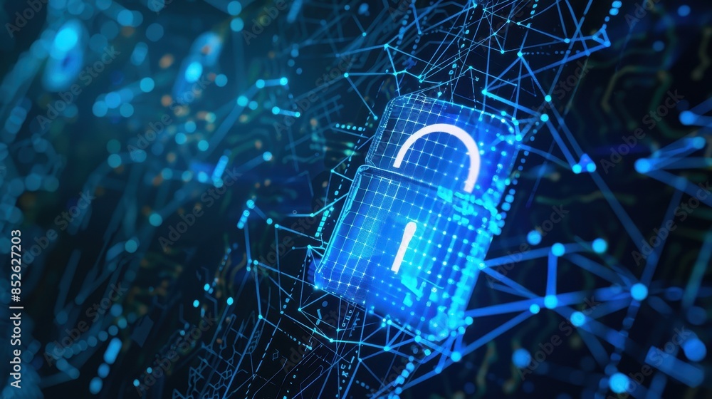 Poster digital cybersecurity concept with a glowing blue lock on a network of lines and dots, symbolizing o