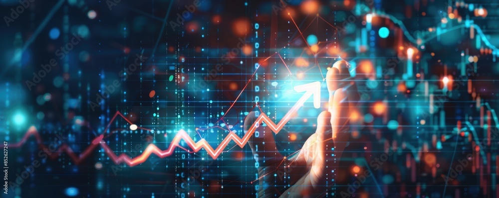 Poster digital visualization of stock market trends with rising graph, bright lights, and data visualizatio
