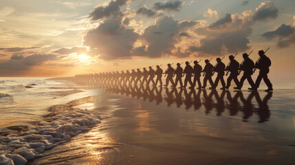 Obraz premium A long line of silhouetted soldiers march along a beach at sunrise, their reflections beautifully mirrored in the wet sand by the sea.