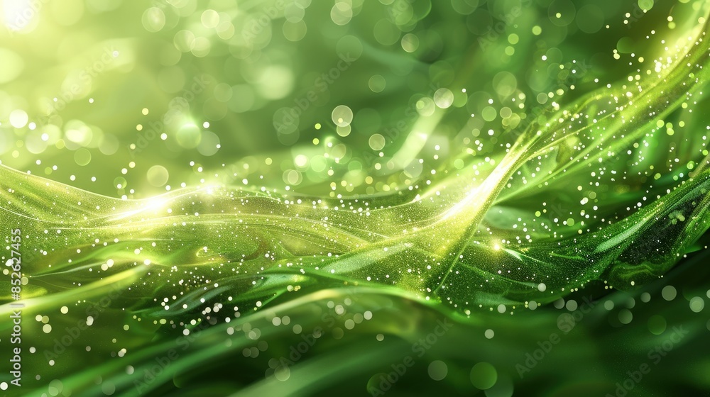 Poster abstract image of green waves with a golden sparkle and bokeh lights
