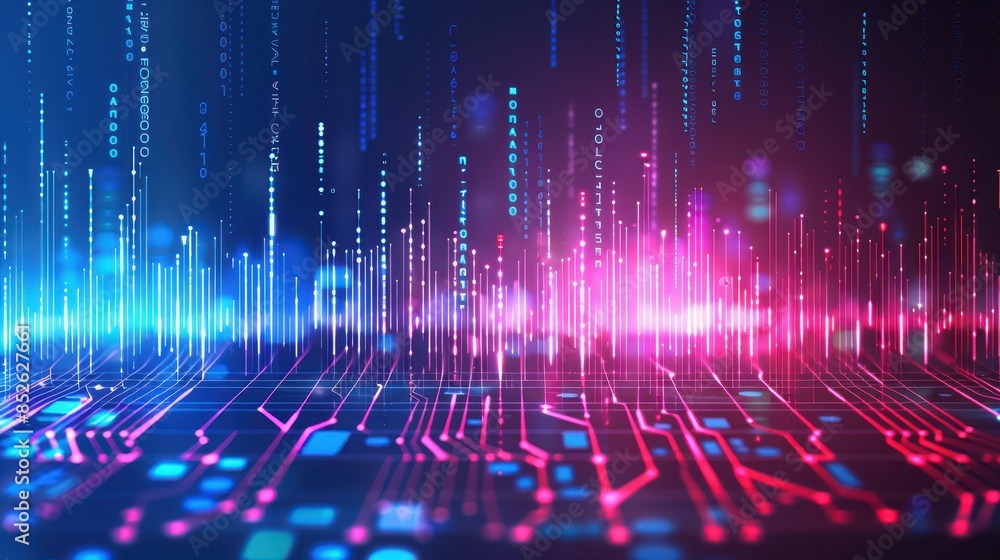 Aufkleber Futuristic digital display background with glowing lines and technological patterns in vibrant blue and pink colors.