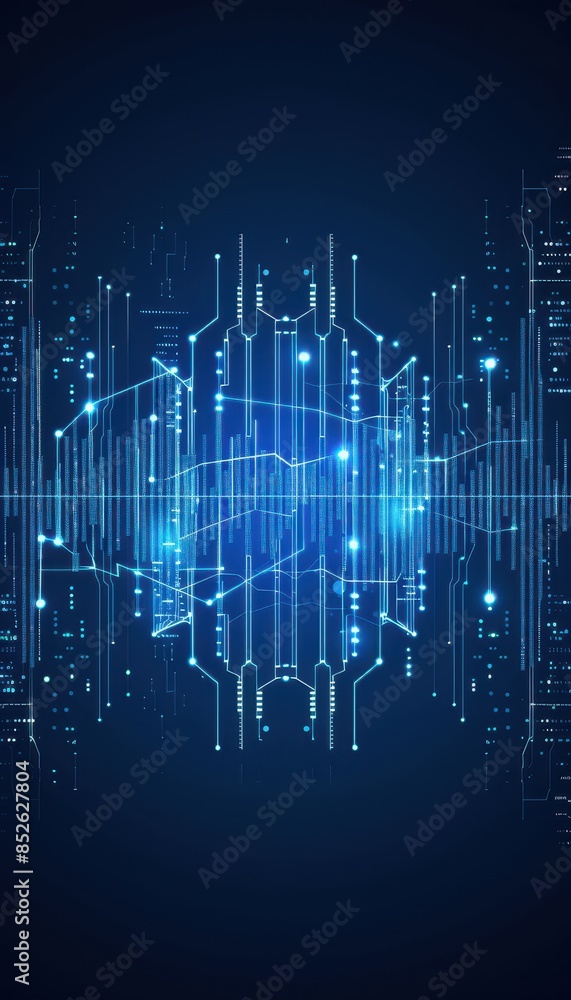 Poster Futuristic digital technology abstract background with blue circuit board patterns and glowing elements on dark backdrop.