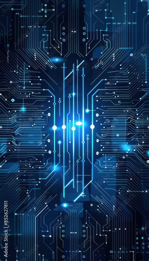 Aufkleber Futuristic digital technology background with a circuit board pattern and glowing blue lights, symbolizing advanced computing and innovation.
