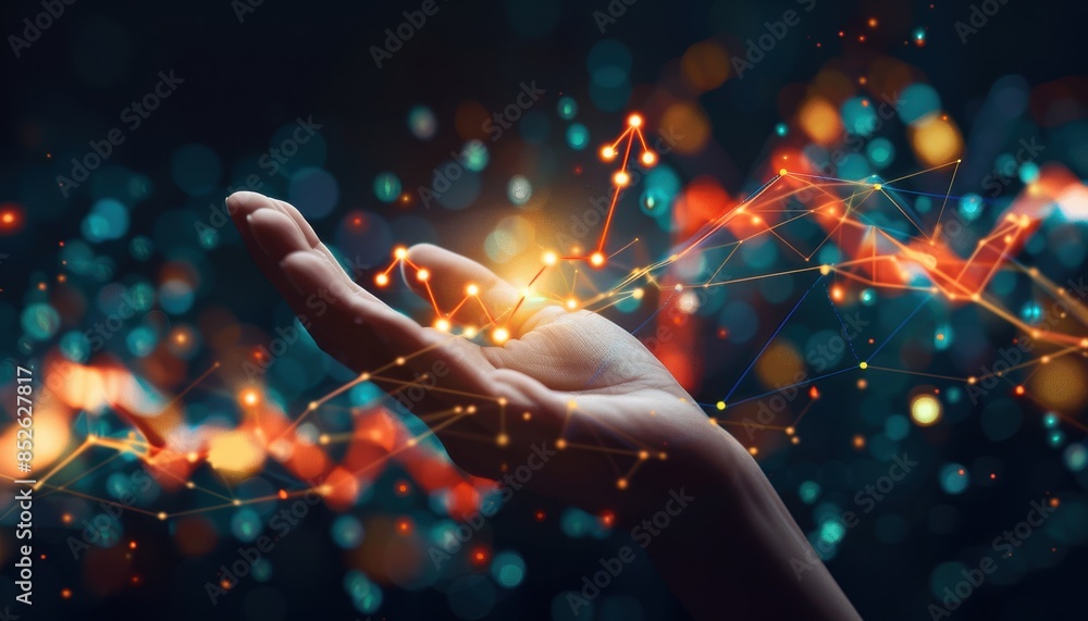 Poster Hand holding digital graph interface with abstract lights, representing technology and data analysis in a futuristic setting.