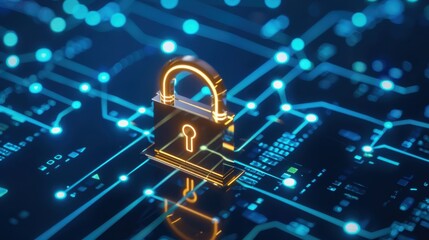 Fototapeta premium Golden padlock over digital blue circuitry, symbolizing cybersecurity, data protection, and online privacy in modern technology.