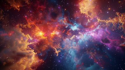 Naklejka premium A mesmerizing image of a colorful galaxy, filled with swirling nebulae and stars, presenting a cosmic spectacle of vibrant hues.