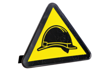 Yellow triangle construction safety sign indicating the requirement to wear a hard hat. Industrial caution symbol isolated on transparent background.