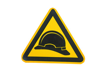 Yellow triangular safety sign with a black hard hat icon indicating a construction or caution area. Isolated on a transparent background.