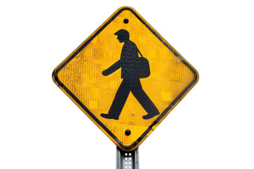 Yellow pedestrian crossing traffic sign with a walking figure, isolated on transparent background. representing safety and road caution.