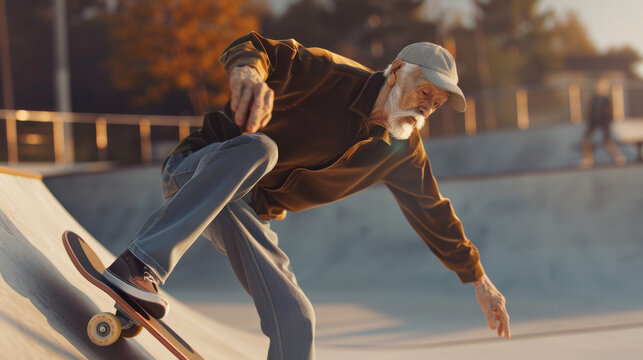 A senior skateboarder navigates a ramp with ease, seamlessly blending youthful energy with the wisdom of age in a lively, sunlit skate park setting.