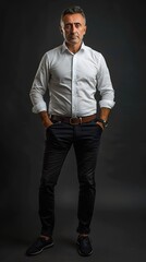 Fototapeta premium full body portrait of a middle aged business casual man with glasses and a button up shirt with a dark studio background