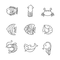 Sea animal doodle line vector illustration