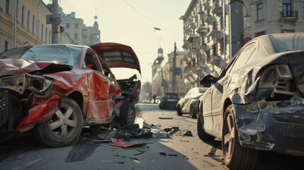 Two damaged cars on an urban street after an accident, with debris scattered around.