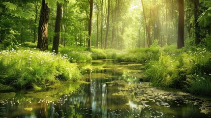 Obraz premium A picturesque unspoiled forest brimming with fresh spring water