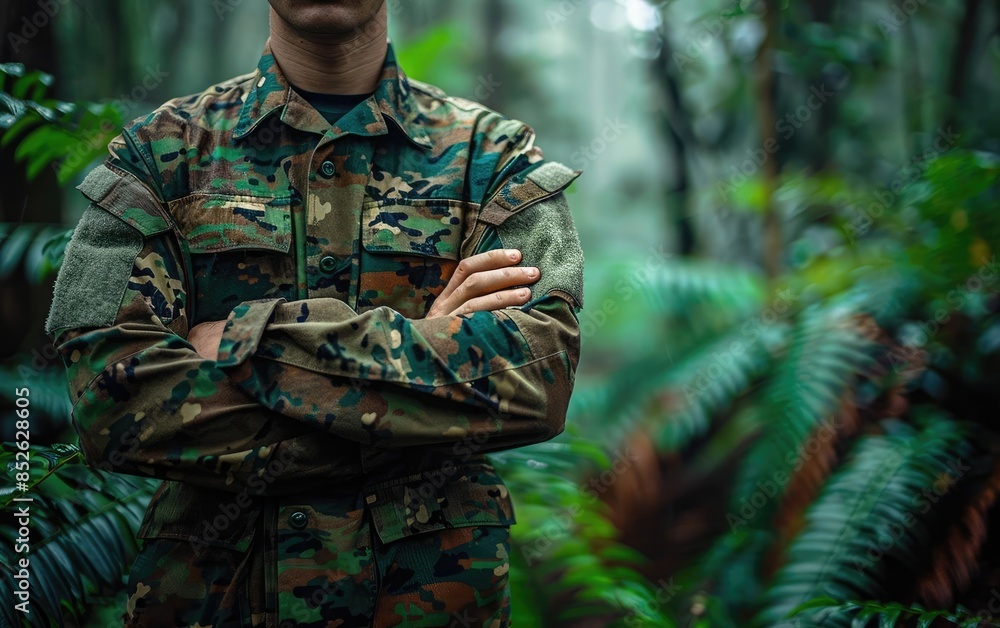 Wall mural A soldier in camo gear stands in a dense, green forest with arms crossed, symbolizing strength and resilience in nature.