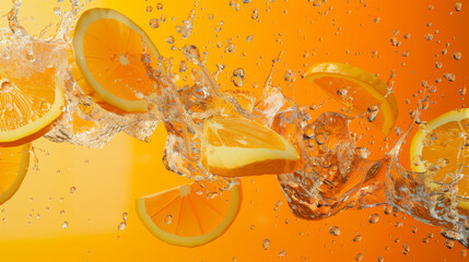Watermelon slices splashing in a burst of water, backdropped by a lush green bokeh, capturing a refreshing summer essence.