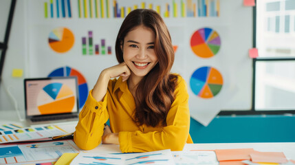 Cheerful woman with charts in a bright, colorful office, exuding confidence and enthusiasm.