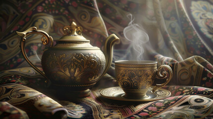 An ornate tea set with steaming tea sits atop an intricately patterned fabric, exuding luxury and elegance.