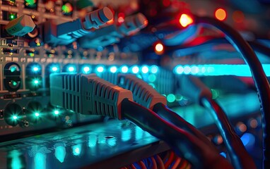 Close-up of network cables connected to a server, illuminated by lights in a data center technology concept.