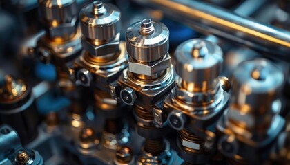 Close-up of shiny mechanical parts with bolts and screws, showcasing industrial engineering and precision machinery.