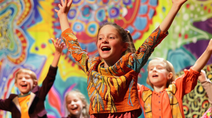 Obraz premium Group of exuberant children in colorful attire performing joyously on stage with vibrant background art.