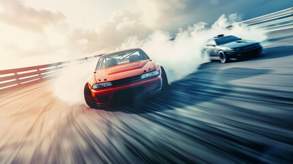 Two racing cars drift intensely on a track, leaving smoke trails, capturing the thrilling essence of speed and competition.