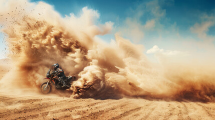 A motorcyclist powers through a massive dust cloud on a sunlit dirt track, capturing the essence of speed and adventure.