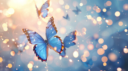 Enchanting butterflies gliding gracefully in a soft-lit, bokeh-filled natural habitat.