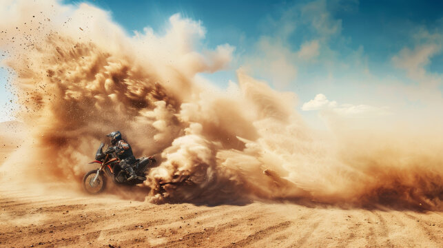 A motorcyclist powers through a massive dust cloud on a sunlit dirt track, capturing the essence of speed and adventure.
