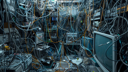 An overwhelming tangle of wires fills a small room, illustrating the complexity and chaos of modern technology and networking systems.