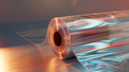 A roll of glossy, reflective plastic sheeting partially unwrapped, reflecting soft hues of orange and blue light in a studio setting.