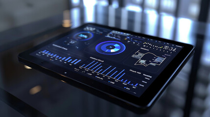 A tablet displaying complex data and analytics with futuristic graphics, set on a glass surface in a modern setting.