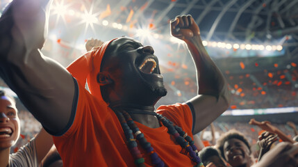 An enthusiastic fan cheers in a packed stadium, capturing the exhilarating energy and excitement of a live sports event.