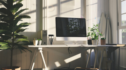 Fototapeta premium A sunlit home office featuring a modern desk with computer, surrounded by lush plants and a serene, organized environment perfect for productivity.