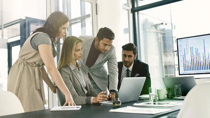 Group, business meeting and laptop for statistics in corporate as consultant in accounting firm or bank in workshop or office. Screen, people and tech in collaboration for growth or career in finance