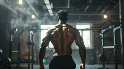 Rear view of a muscular man standing in a gym, showcasing a strong and well-defined back, illustrating the determination and dedication of fitness training.