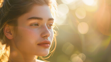 Fototapeta premium A young woman is bathed in golden sunlight, her expression relaxed as she gazes into the distance, surrounded by a bokeh of warm tones.