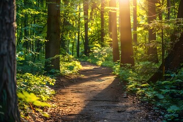 Obraz premium Forest trail sunlight filtering through trees natural pathways, parks, environment, high-resolution, nature