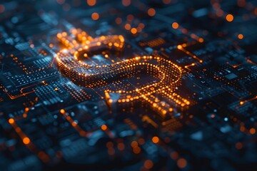 Glowing dollar sign circuit patterns digital finance, dark, background, technology, concept