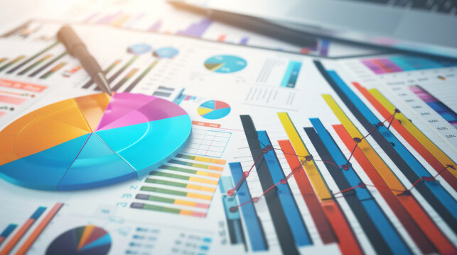 Colorful and detailed charts and graphs showcasing various data points and trends, spread across a table.