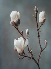 Realistic portrait photo macro shot, of  botanical white tree bud  flower with grey background, wallpaper, wall art