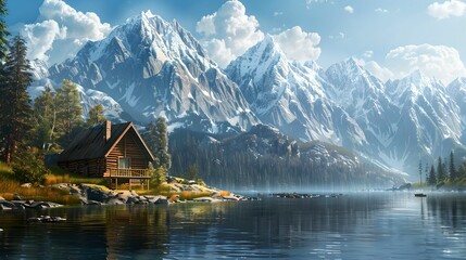 Obraz premium Wooden cabin by lake snow-capped mountains, nature, tranquility, serene, landscape
