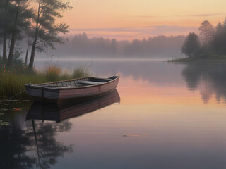 Obraz premium Lakeside at Dawn Calm water, morning mist, pink-orange sky, wooden dock with rowboat, lush greenery.
