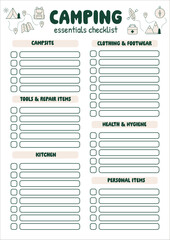 Camping packings checklist. Travel essentials list. Packing checklist for road trip, camping. Journey, vacation, active tourism. For travel guide, active tourists. Packing must haves for wandering.