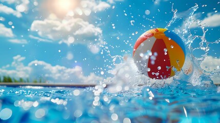 Multicolored beach ball tossed swimming pool splashes, water, bright, blue, sky